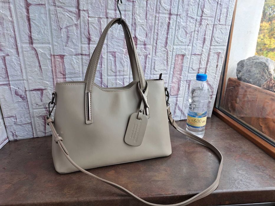 дамска чанта,бежова кожена чанта-естествена кожа