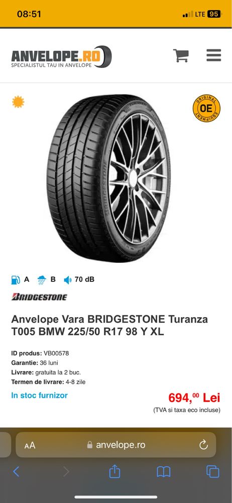 Cauciucuri 225/50R17 BRIDGESTONE cu specificatie BMW 2020