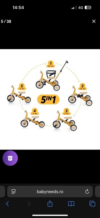 Tricicleta Petite&Mars, Turbo 5 in 1, varsta 1.5-5 ani, Verde