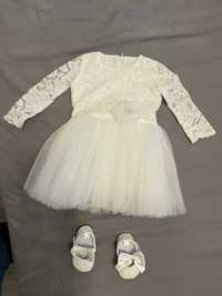 Официална дантелена бебешка рокля с лачени обувки, 6-9м