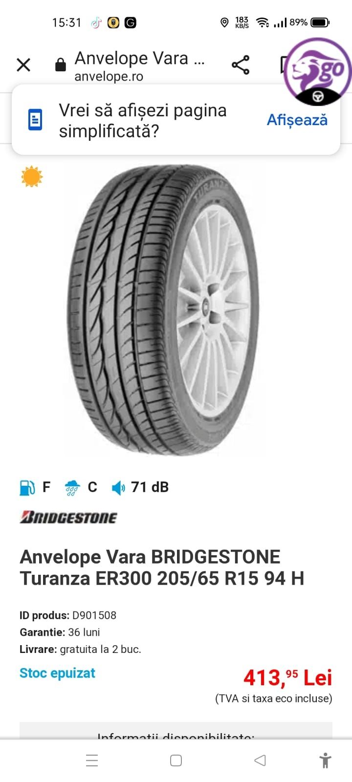 Anvelopa BRIDGESTONE TURANZA ER300 205 65 15 RenMeganeFluenceSkodaOpel