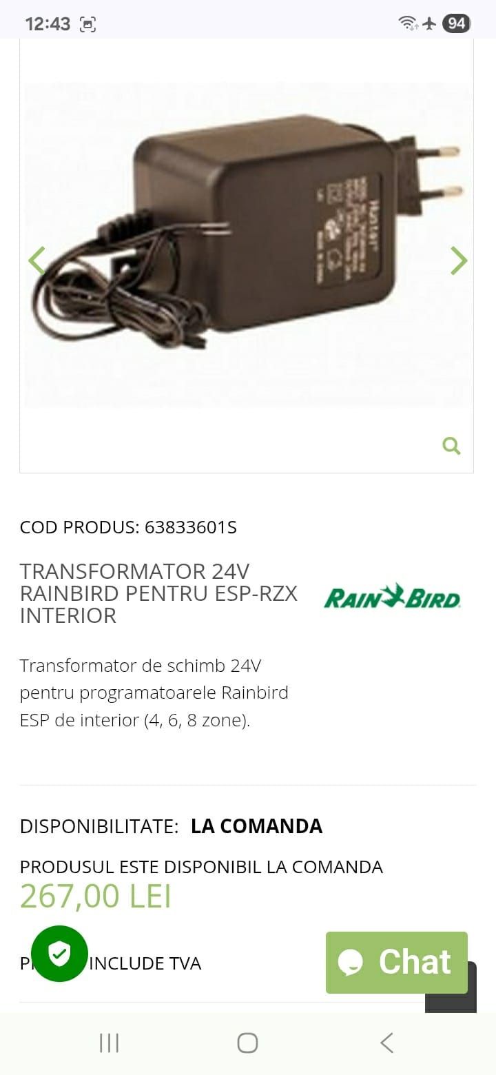 Transformator pt sistem de irigatii Rainbird pt interior 24V
