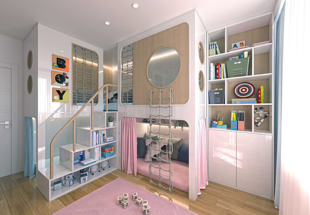 Детски легла на втори етаж със стълба, етажерки и ракли под тях