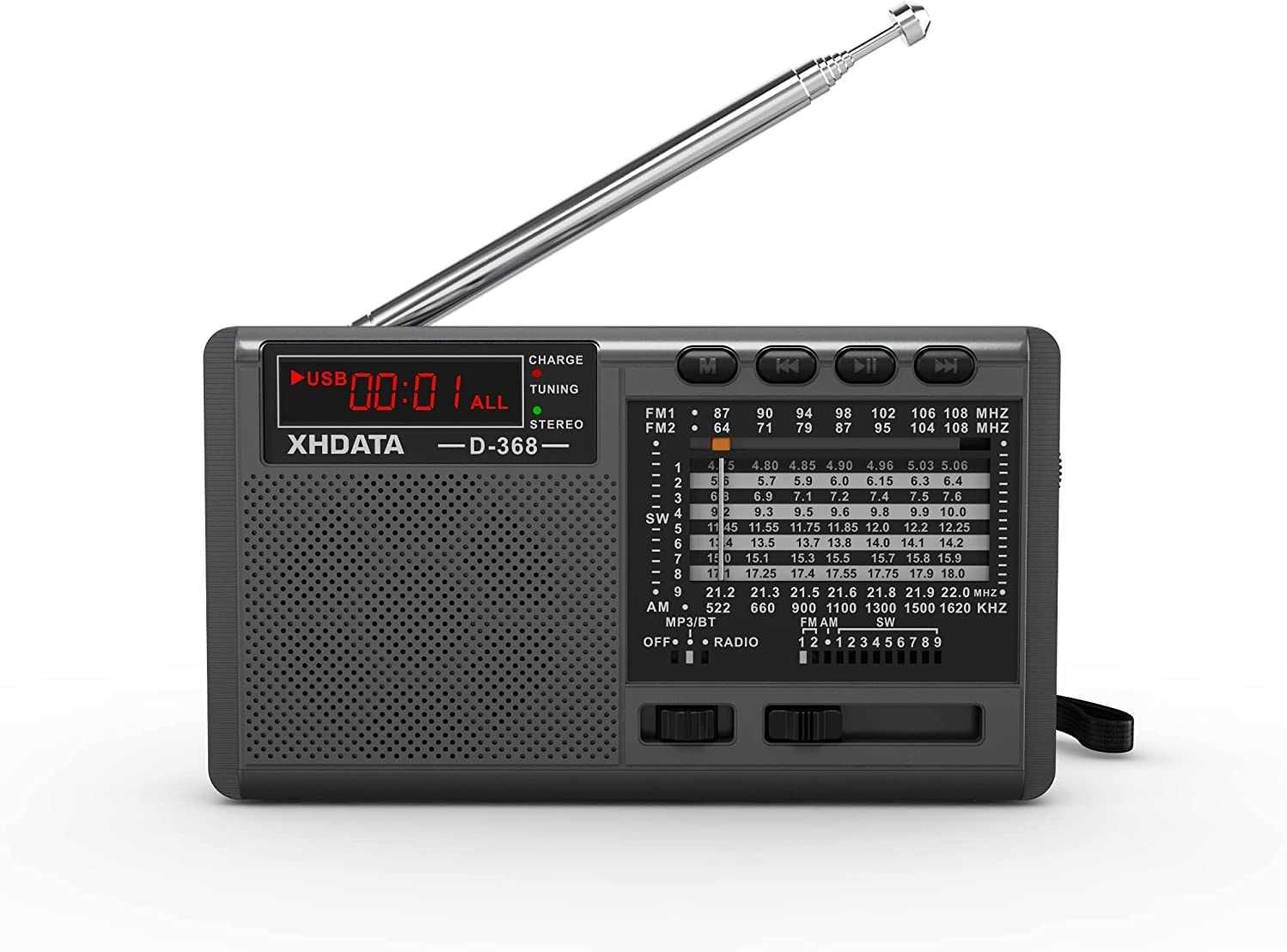 XHDATA D368 Portable Transistor Radio FM,AM(MW),SW,Bluetooth USB TF