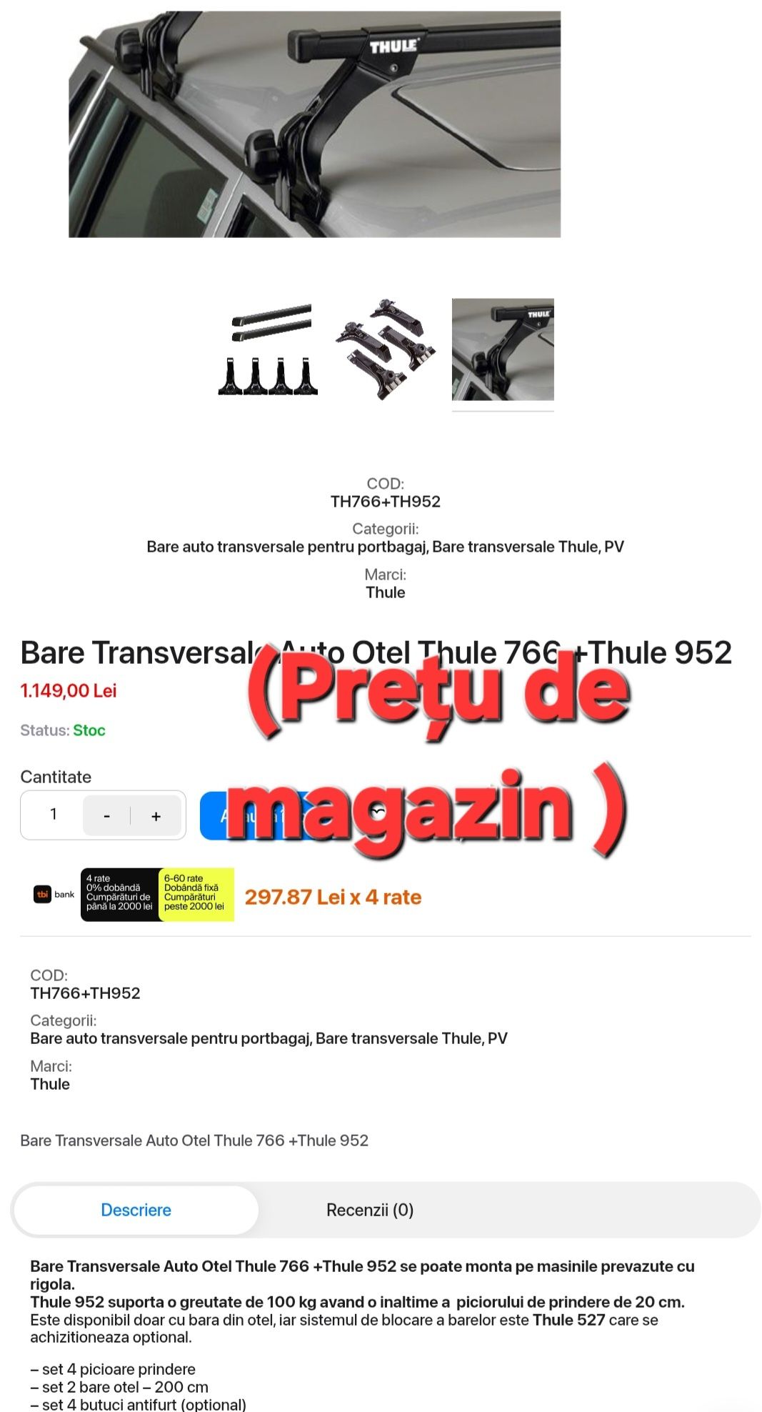 Bare transversale Thule 200cm autoutilitara