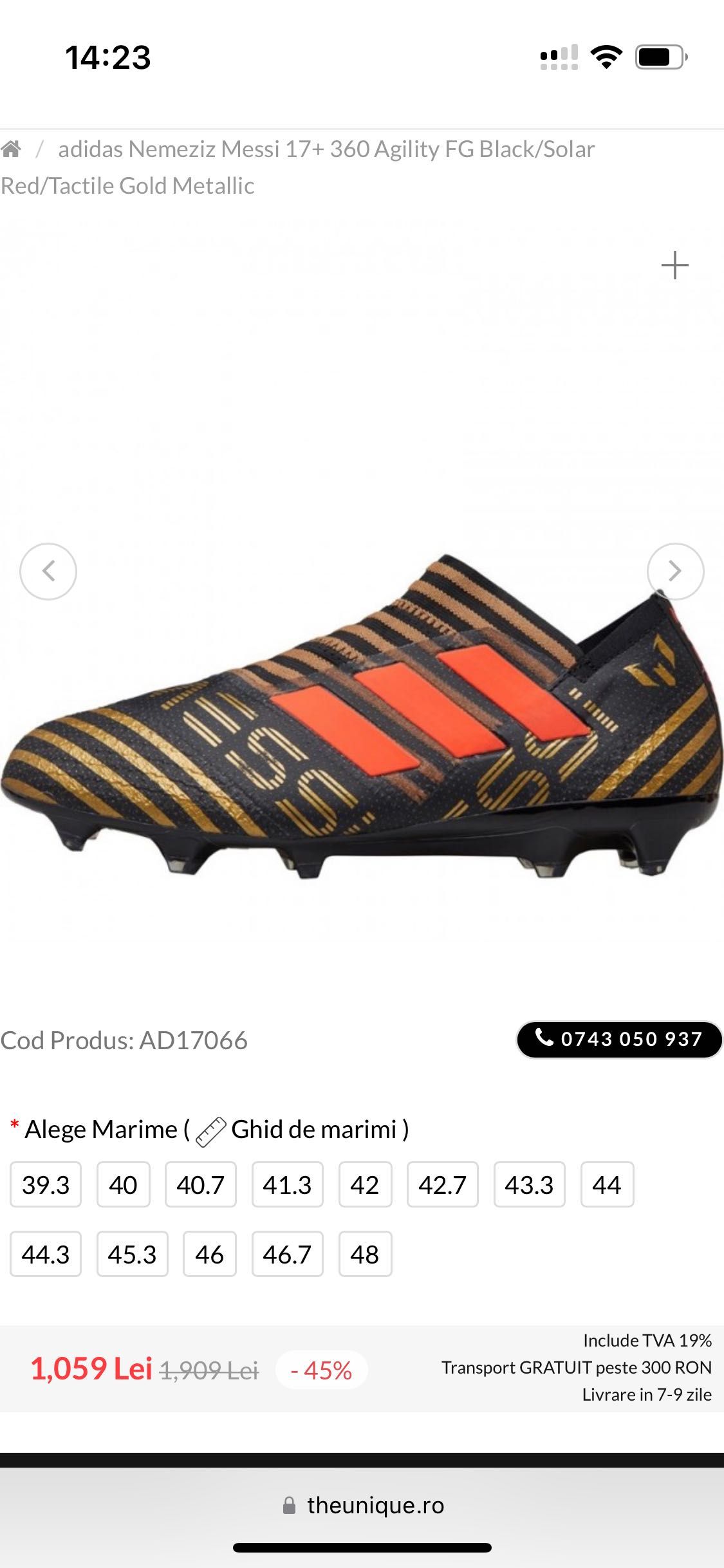 Ghete fotbal copii Adidas Nemeziz Messi 17 360, marimea 36,5, 23 cm