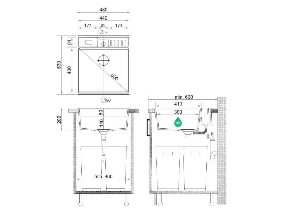 Сива кухненска гранитна мивка Ню Йорк 50 Multispace 480 x 530 мм