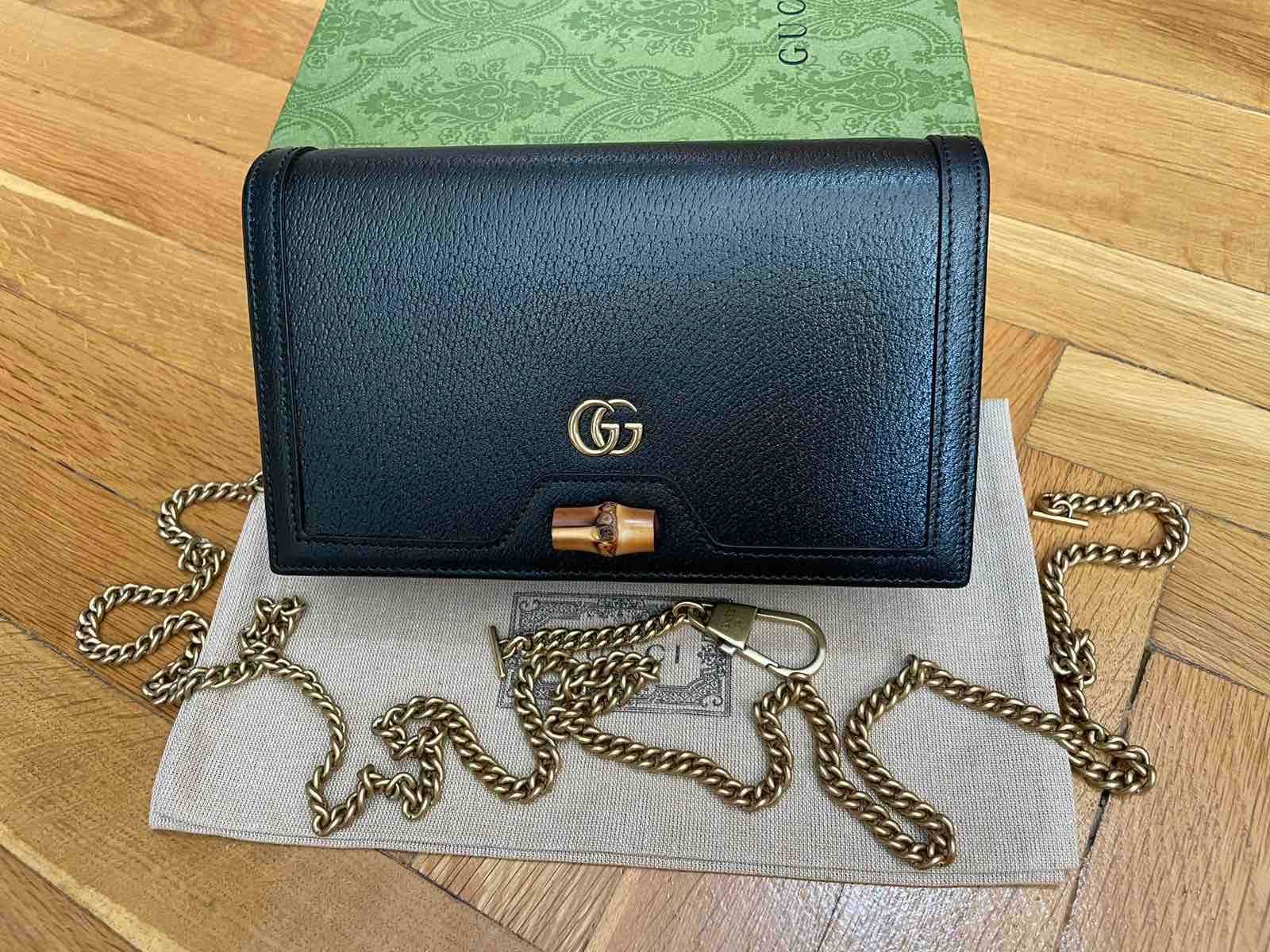 Дамска чанта Мини Gucci Гучи Diana Черна кожа Златно Gold GG лого