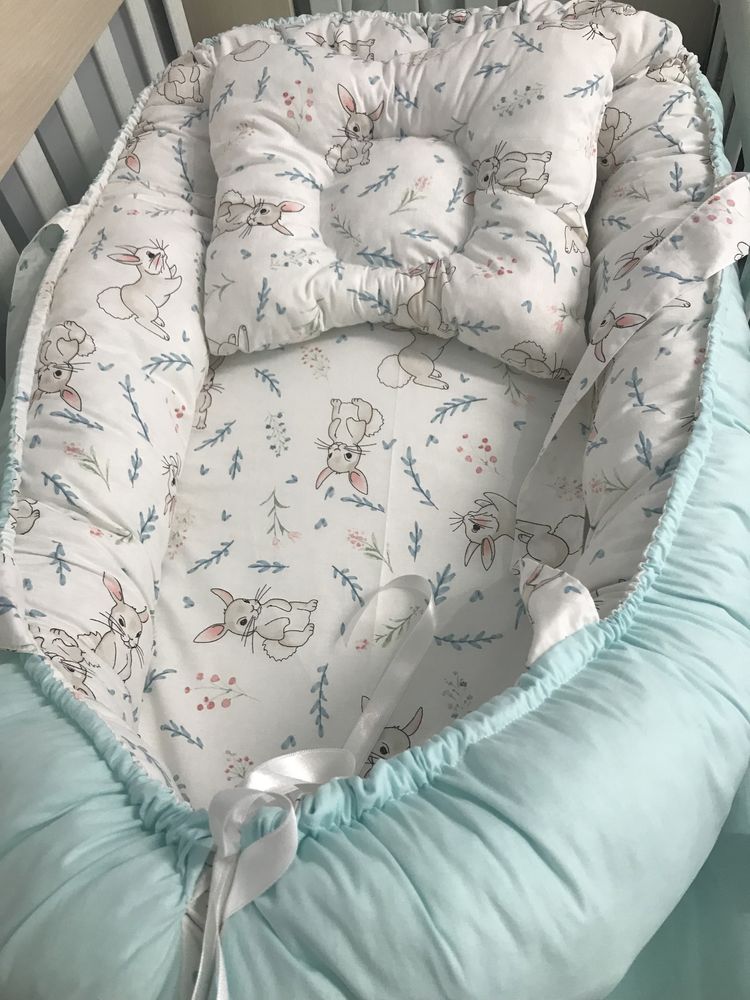 Ръчно изработено гнездо за бебе с подарък възглавничка от ранфорс 100%