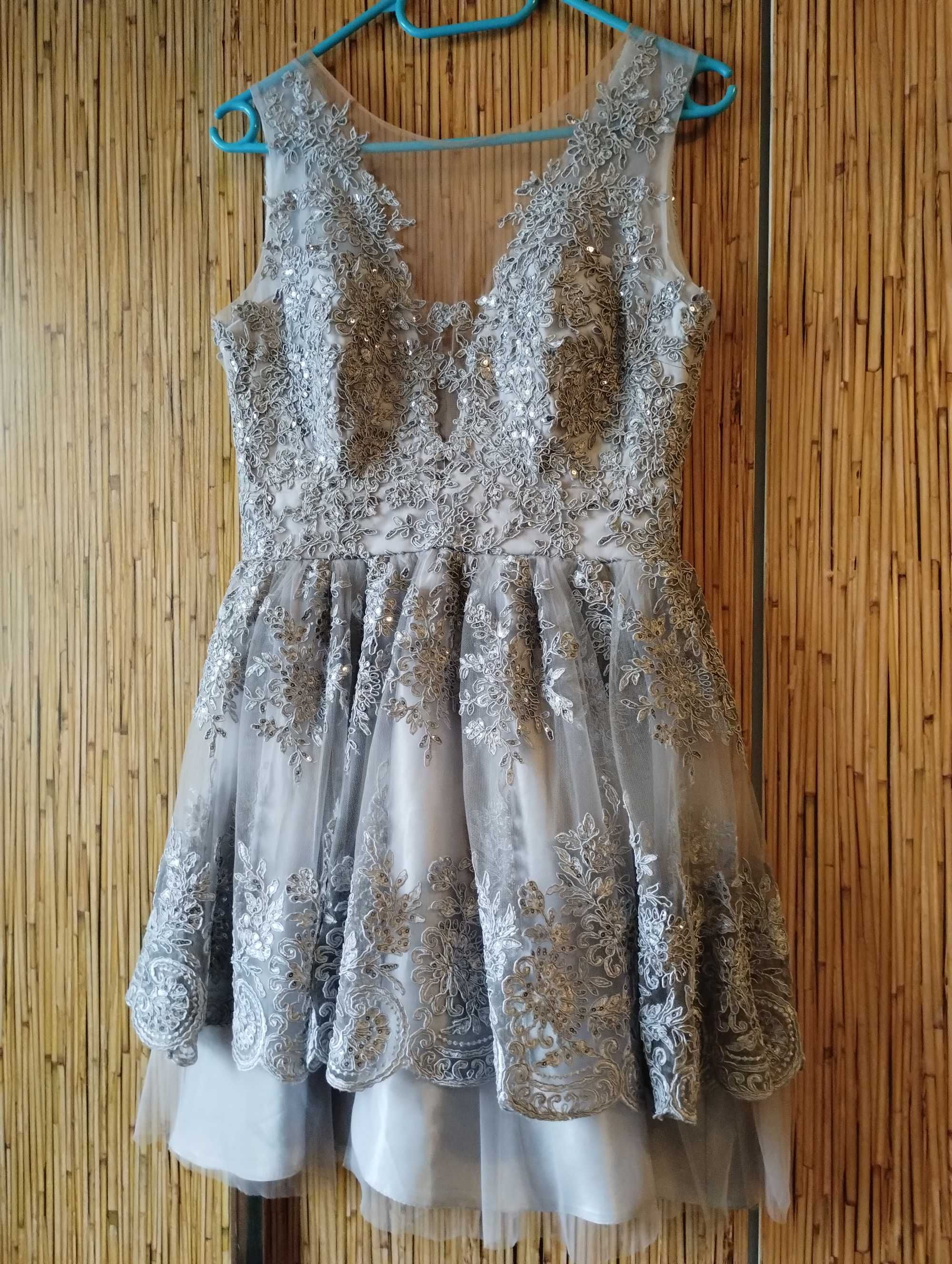 Rochie cu broderie Gri metalic  sclipici