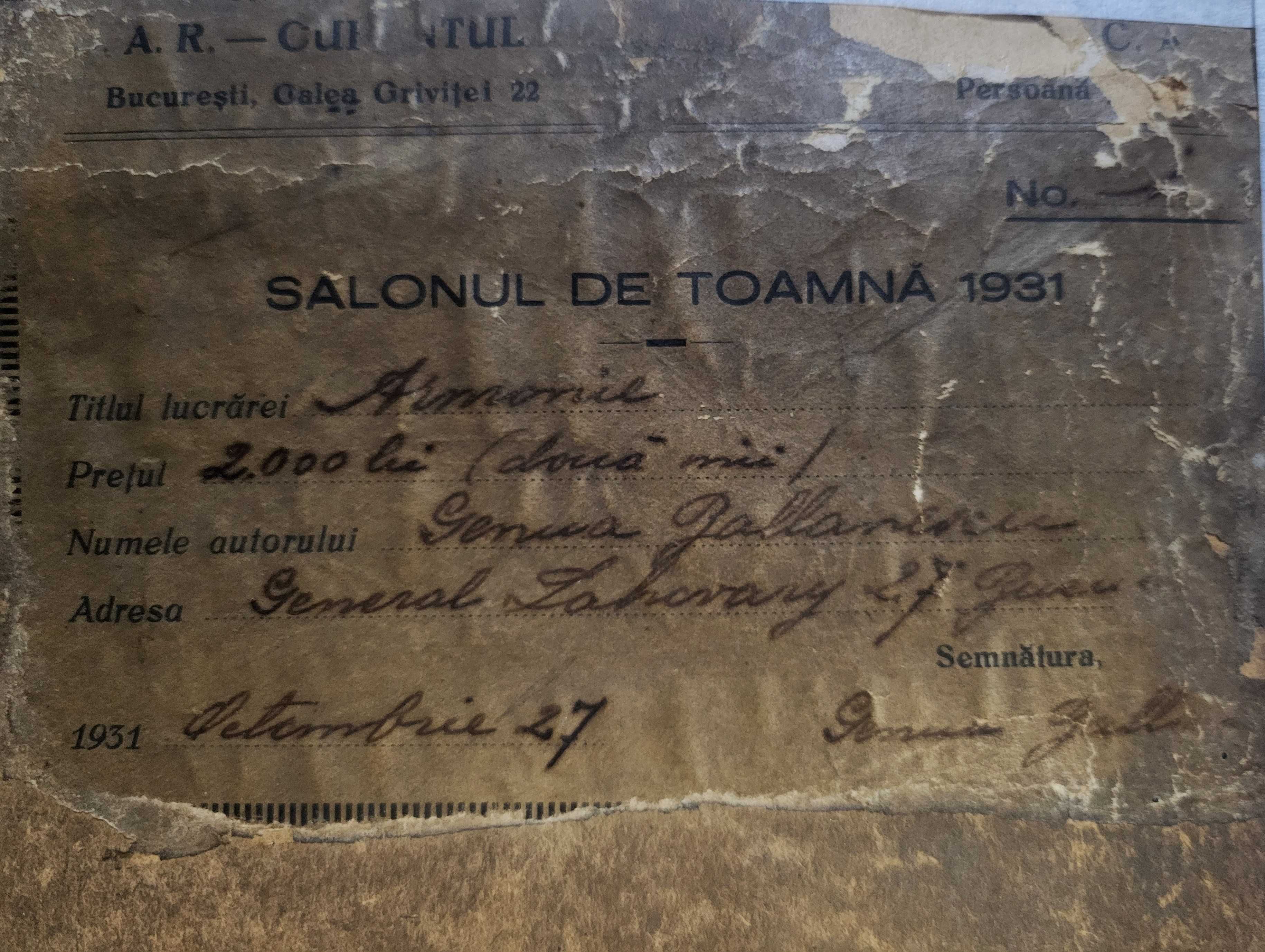 SALONUL de TOAMNĂ 1931- Tablou VECHI, cu eticheta expoziției. Semnat