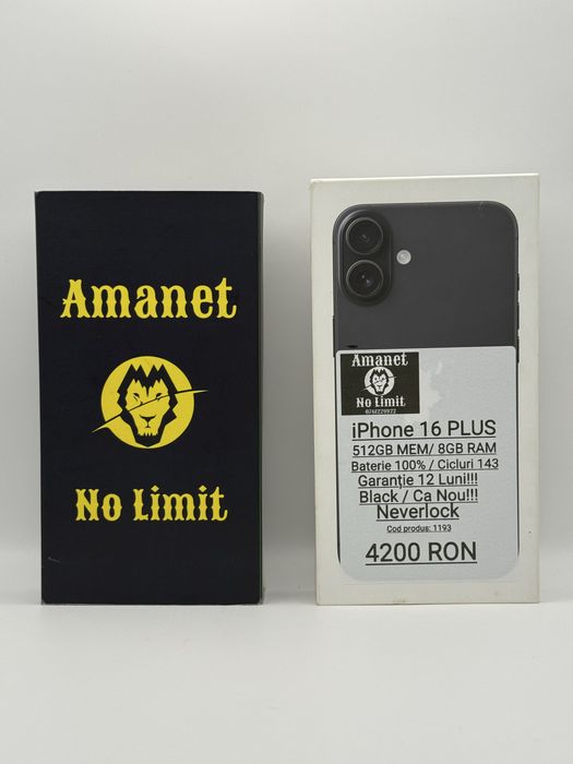iPhone 16 Plus Black 512GB Baterie 100% Cicluri 141 , Garantie 12 Luni