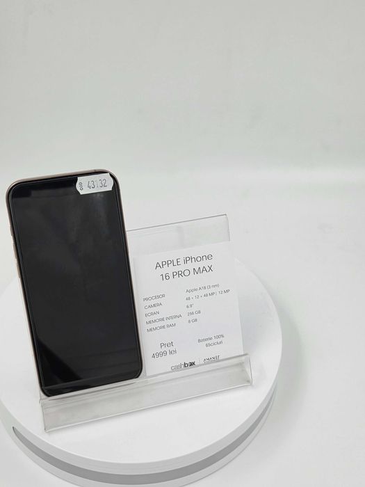 Garantie 24 luni Iphone 16 PRO MAX 256GB baterie 100% 64cc CashBox