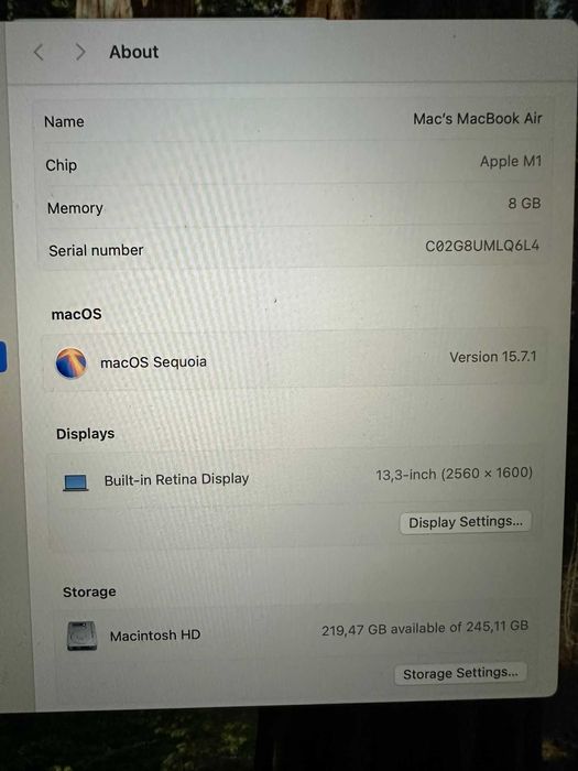 Apple MacBook Air M1 , 8GB RAM, 250GB SSD, Retina Display