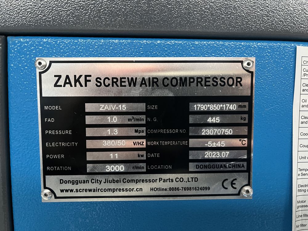 Compresor ZAKF - 11 KW, 13 Bar, cu uscator si rezervor de 400 L