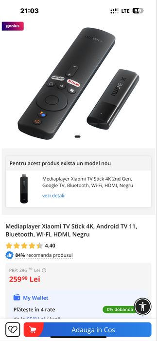 Mediaplayer  TV Stick 4K, Android TV 11, Bluetooth, Wi-Fi, HDMI, Negru