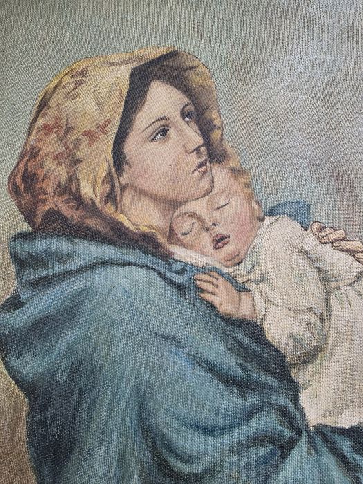 Tablou vechi pictat manual, mamă și copil, pictură în ulei
