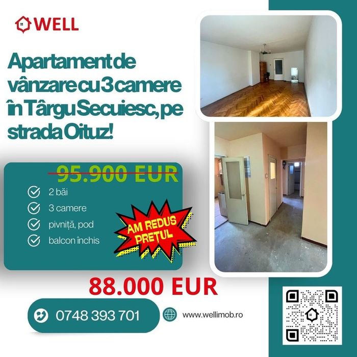 Apartament de vânzare cu 3 camere în Târgu Secuiesc, pe strada Oituz!