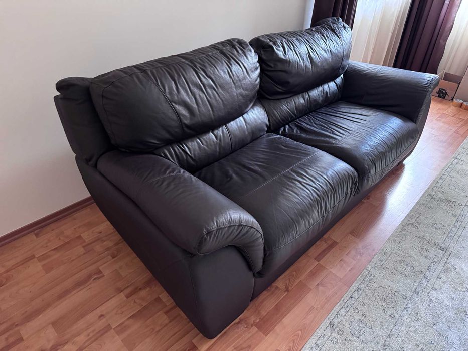 Кафяв кожен диван 3ка от естествена кожа! 210х100х83см