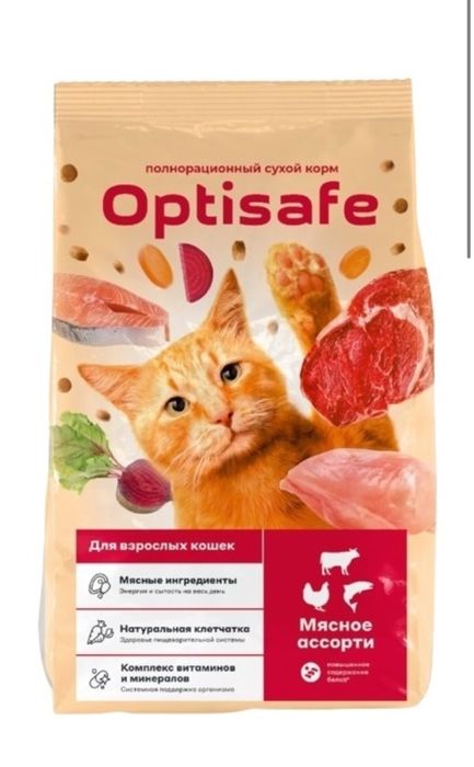 Корм Optisafe для взрослых мясное ассорти и стерил кур и индейк 10 кг