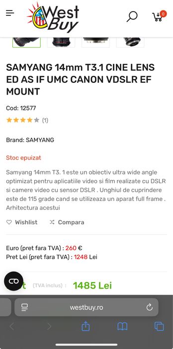 Obiectiv video Samyang 14mm T3.1 VDSLR ED AS IF UMC II Nikon F