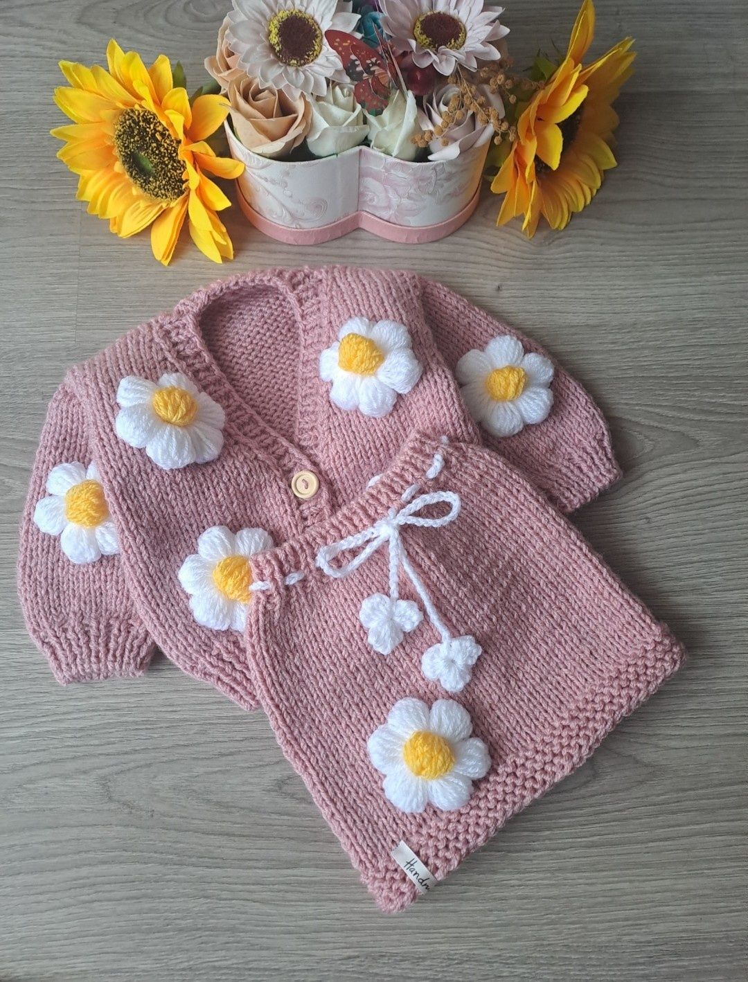 Set botez-cardigan cu flori