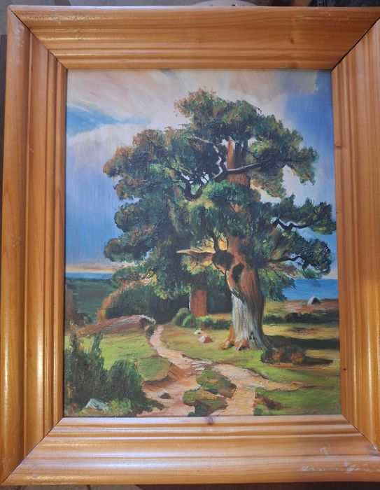 Tablou pictat in ulei pe placaj, peisaj, drum de munte
