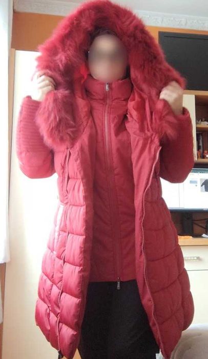 Дамско зимно яке с качулка, естествен косъм, цвят бордо от шушляк,3XL