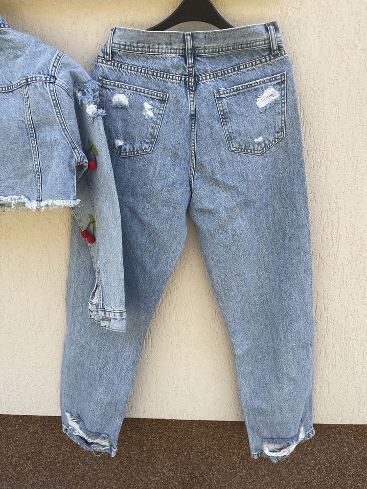 Set Denim - Jachetă scurtă + Blugi cu cireșe 3D