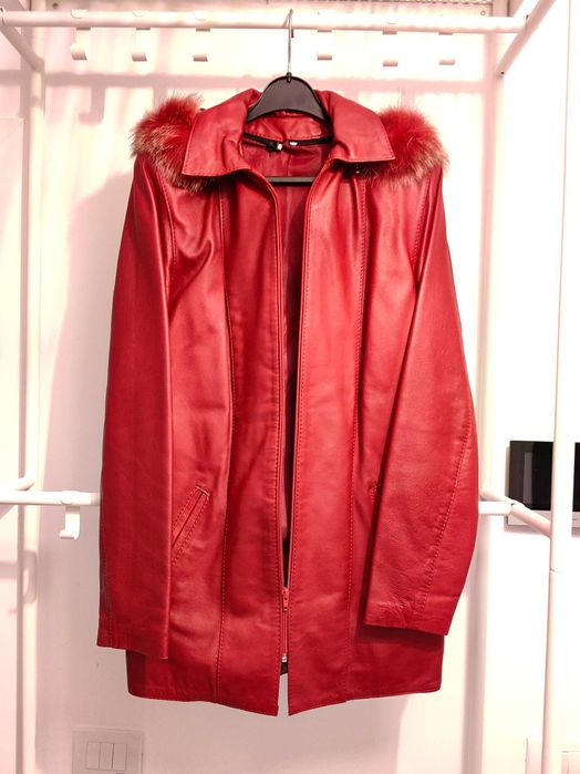 Jachetă piele și blană naturală, glugă și mesadă detașabile