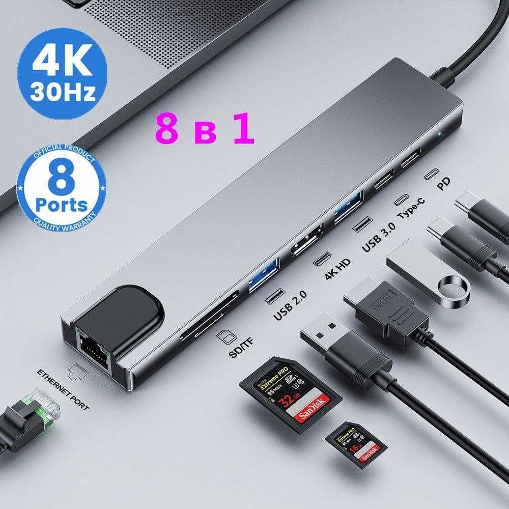 Адаптер Type- C на HDMI(4K) / Ethernet RJ45 8in1