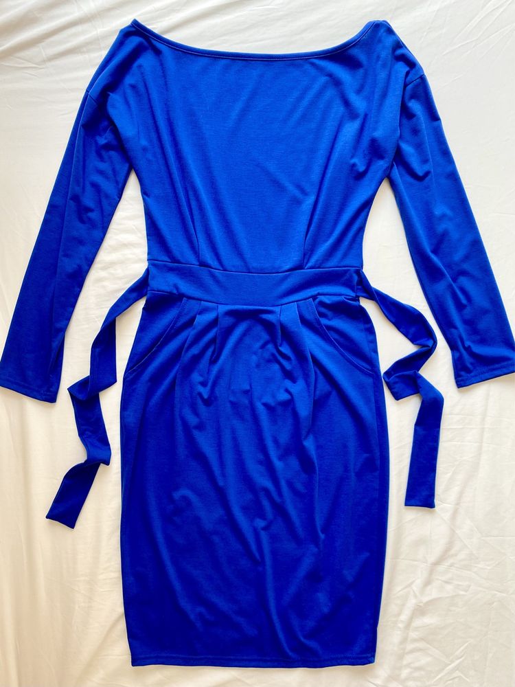 Rochie midi casual albastră din tricot, cu mâneci lungi, S 36, nouă
