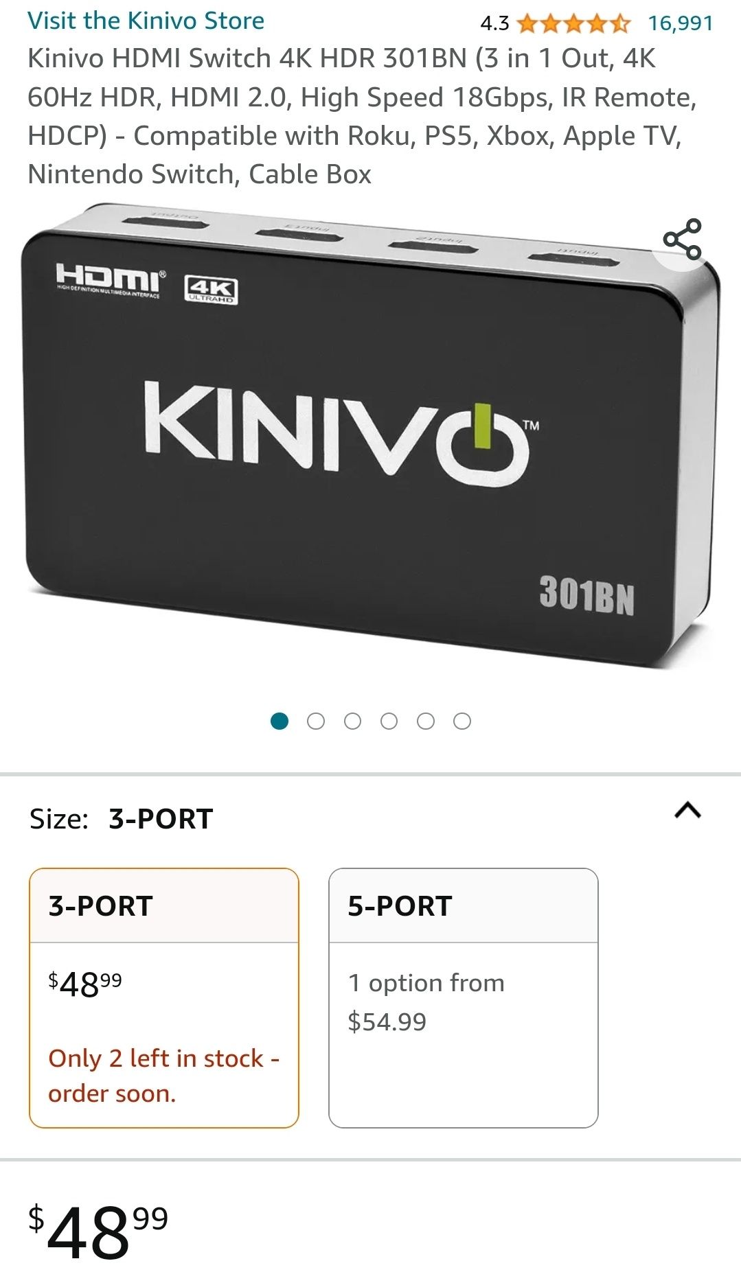 Kinivo HDMI Switch 4K 301BN (3 in 1 Out, 4K 30Hz