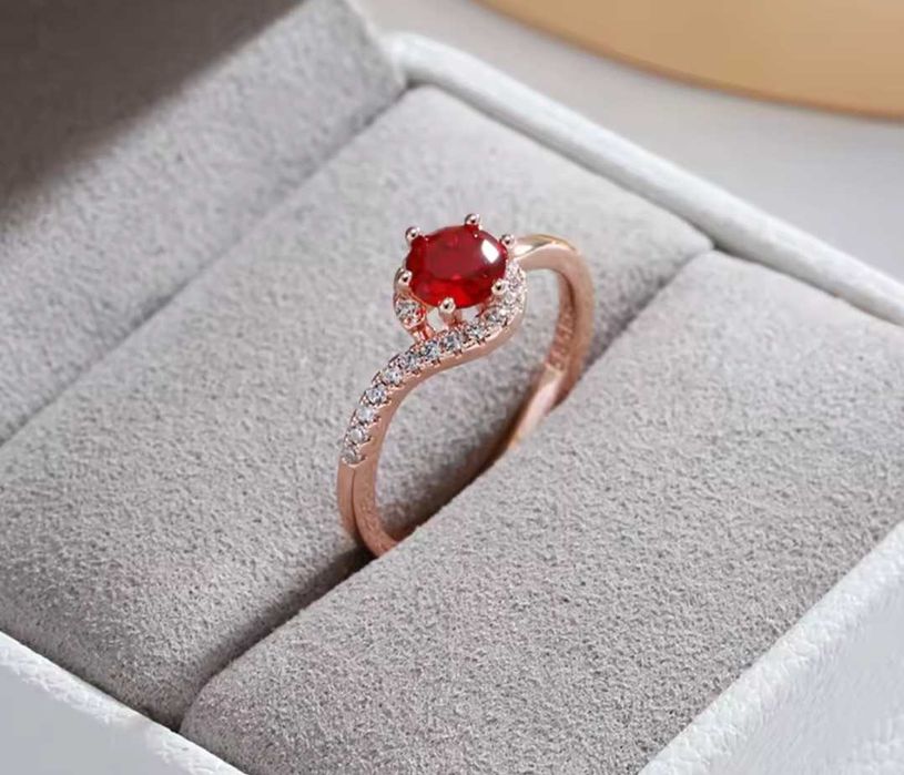 GR6, inel placat aur 14k,model logodna, zirconiu rosu/alb,desoebit