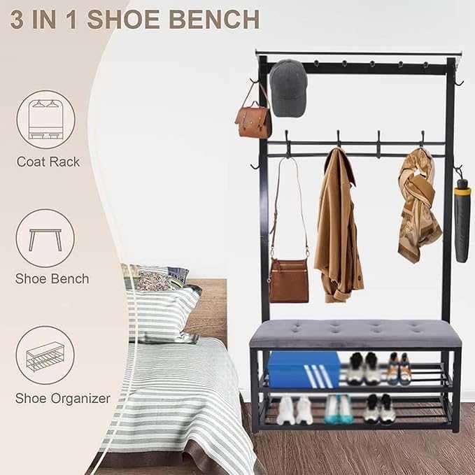 Намалено! Портмантo с пейка, гардероб с 10 куки, метална рамка, антре,