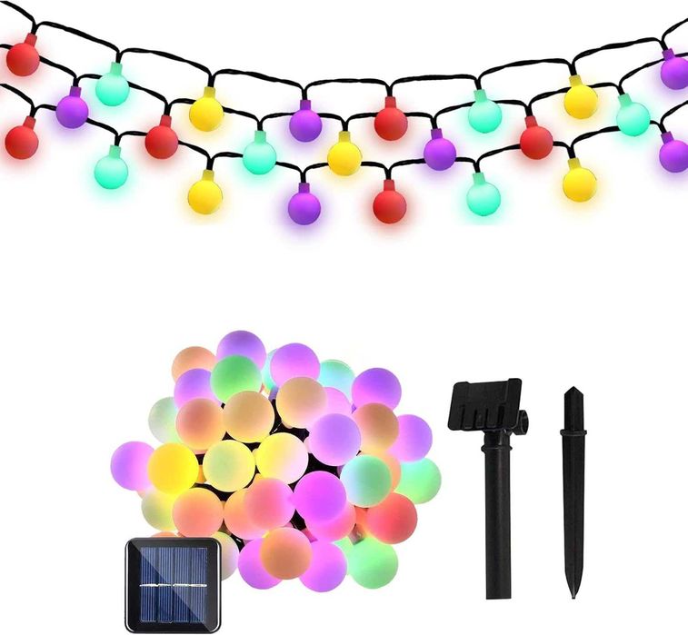 Соларни коледни лампички топки 5м 20 LED многоцветни готов комплект