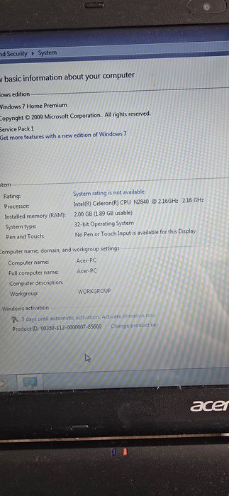 Laptop acer e15 2gb ram ssd 128