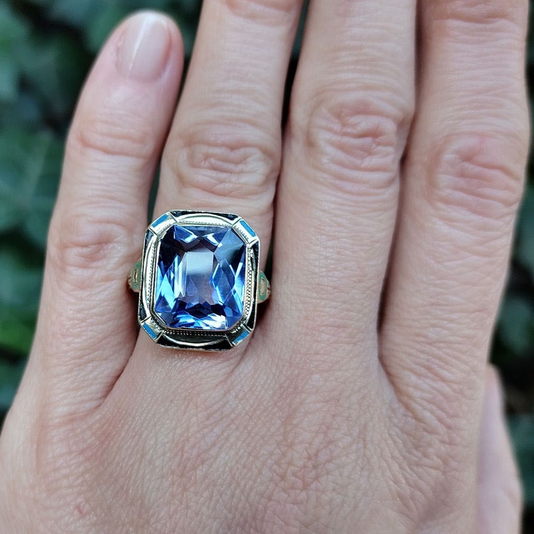 inel Art Deco, aur 14k, safir Verneuil, email, certif.