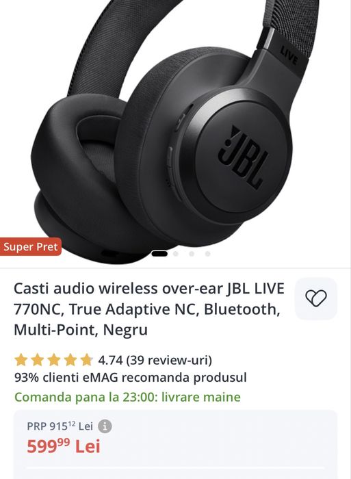 Casti wireless JBL by Harman LIVE 770NC, True Adaptive NC, Bluetooth