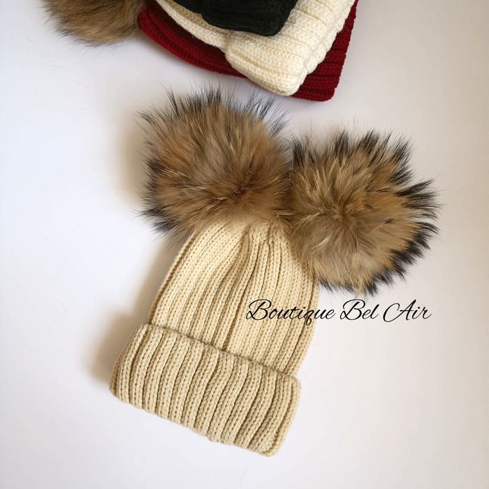 Зимна шапка с помпони от естествен косъм, зимни шапки, естествен пух