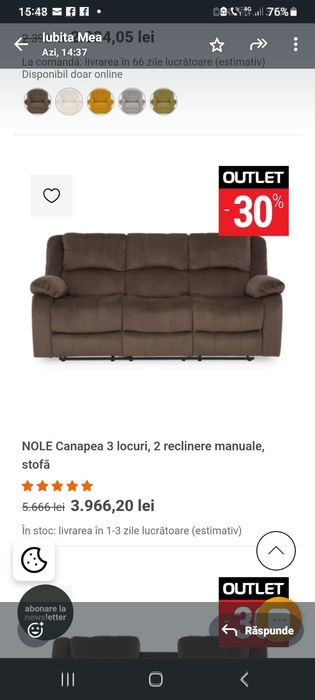 De vânzare canapea extensibilă NOLE , MOBEXPERT , 2 reclinere manuală!