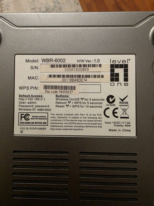 Wi-Fi роутер LevelOne WBR-6002 (с блоком питания)