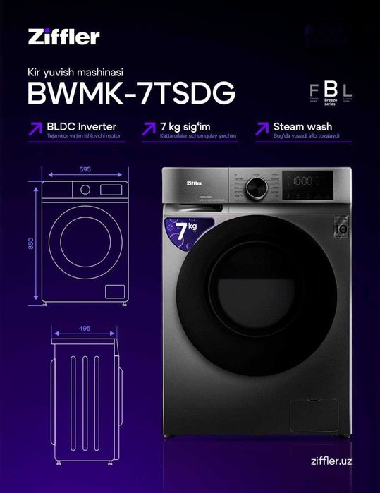 Ziffler 10 КГ Стиральная Машина Inverter
