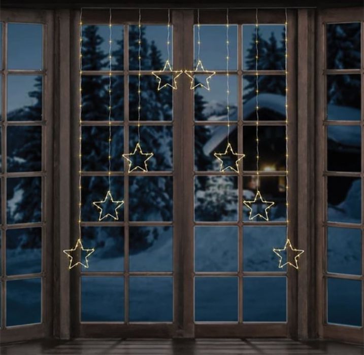 Коледни лампи, 8 звезди, 184 LED лампи, 8 програми, 2 м, Бяла светлина