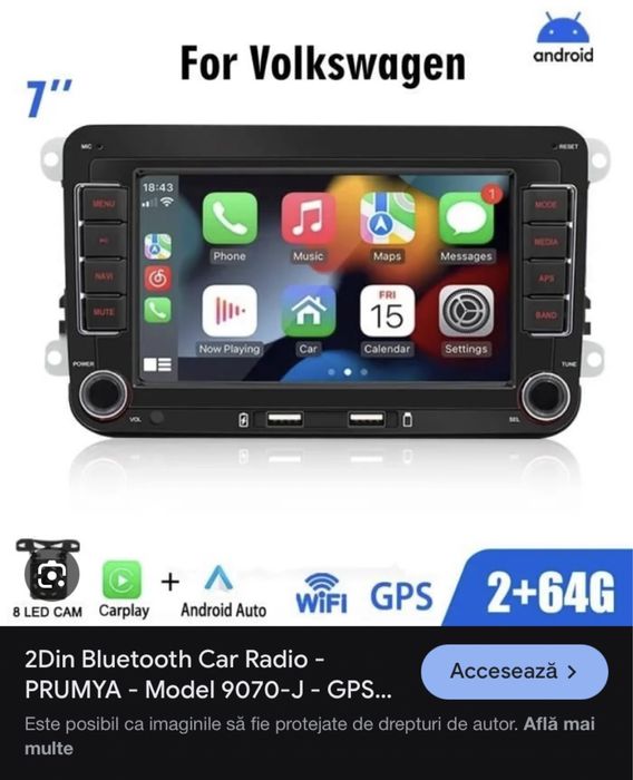 Navigatie Touchscreen Android Auto/CarPlay Wireless, 4GB RAM, 64GB ROM