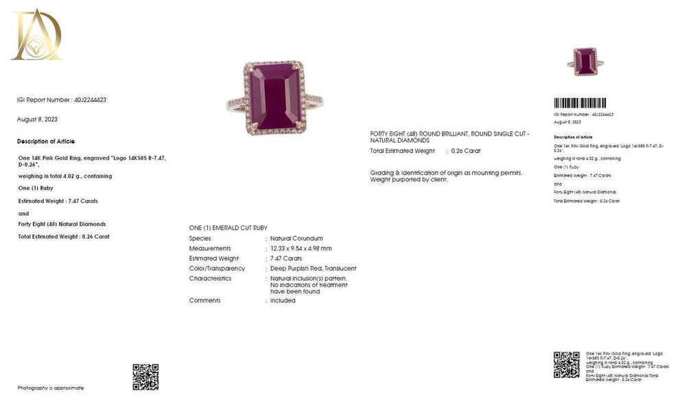 Нов Златен Пръстен с 7.47кт Естествен Рубин и 0.26 Естествени Диаманти