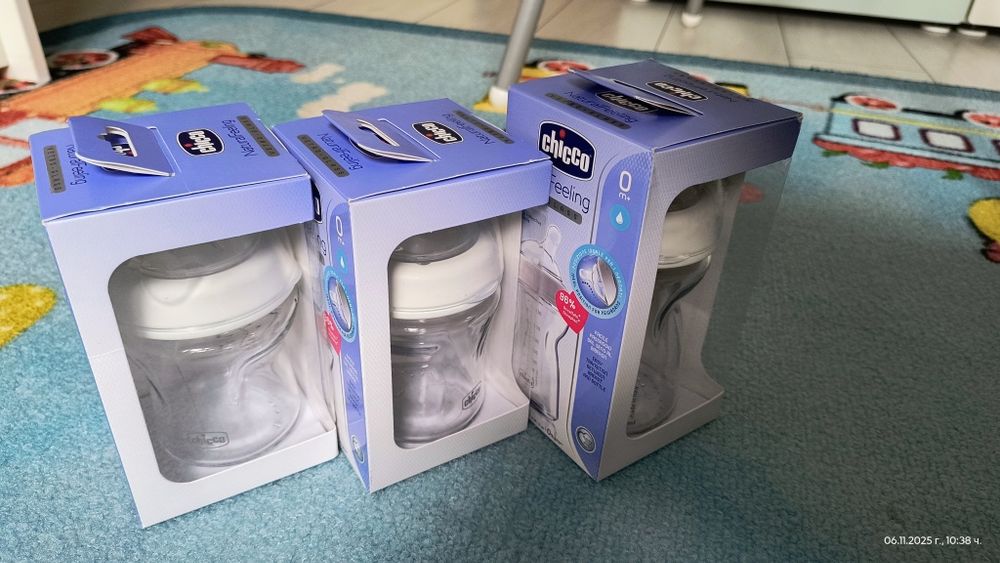 Стъклени шишета Chicco Natural feeling, 0+ месеца, 3 броя