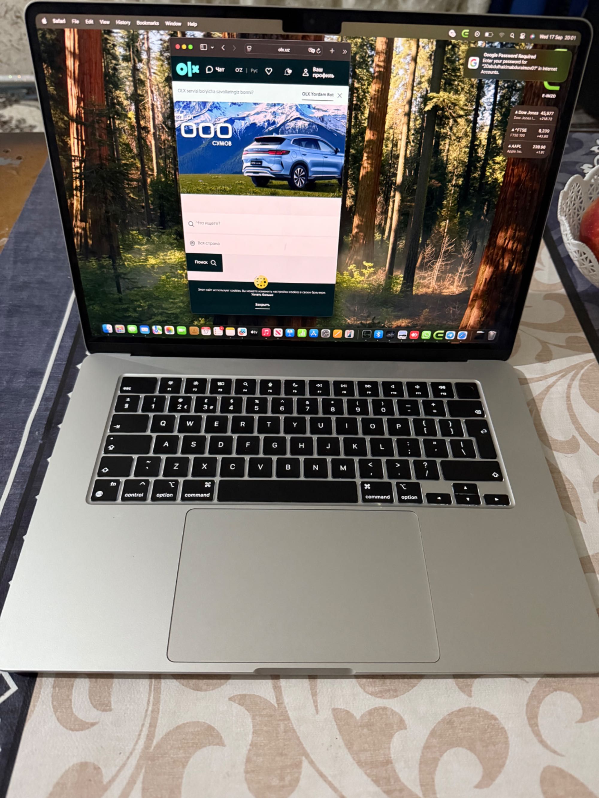 Mac Air2024 (kafolati bilan) 16/256 M3 chip 100% batterylife 15 dyumli