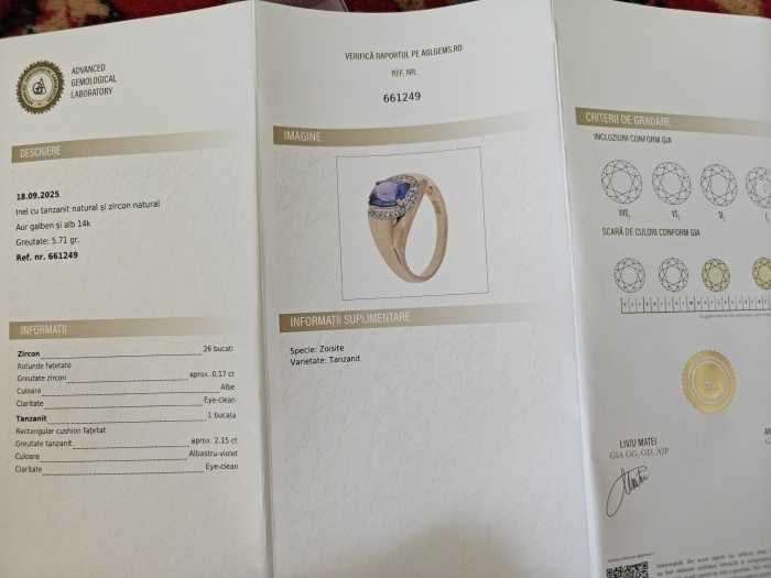 Inel aur 14k, Tanzanit 2.15 ct si zircon natural