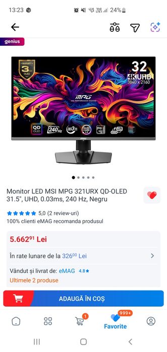 Monitor MSI MPG 321URX QD-OLED 31.5", UHD 4K, 0.03ms, 240 Hz, Negru